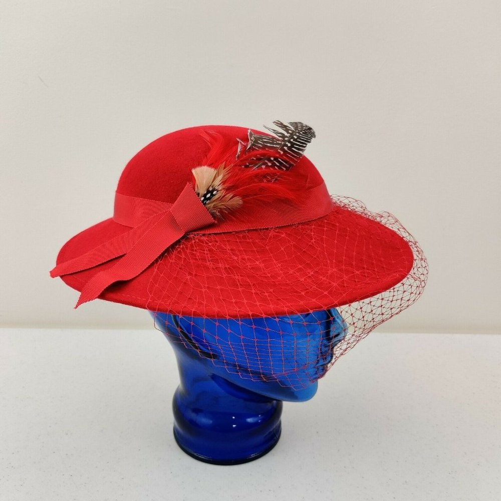 Lancaster Red Wool With Feather And Net Hat By Pa… - image 1